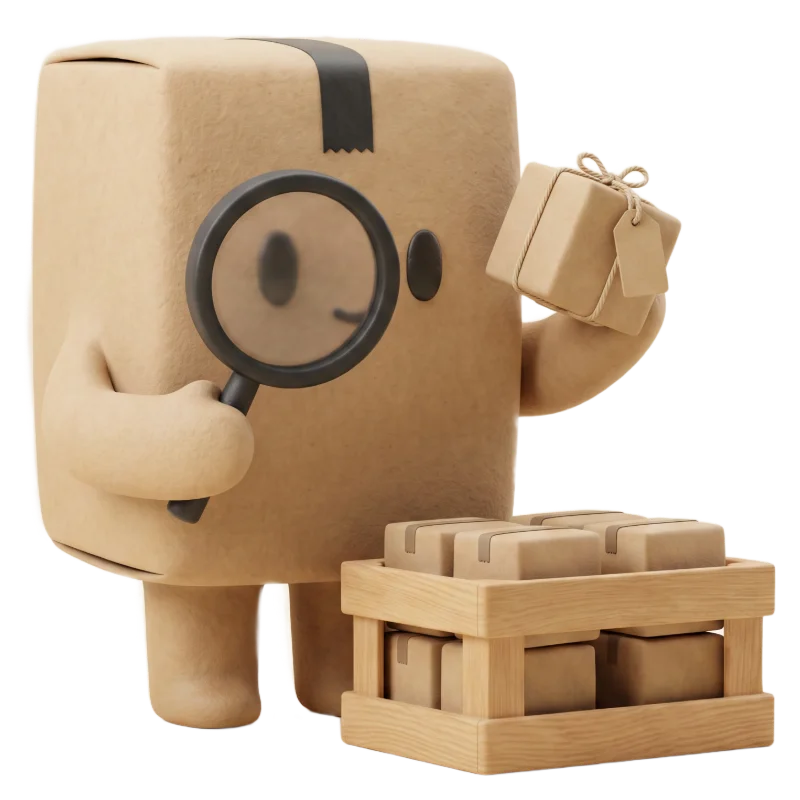 Velni, das Karton-Maskottchen, hält eine Lupe vors Auge und hebt ein Paket mit Preisschild aus einer Holzkiste voller Pakete